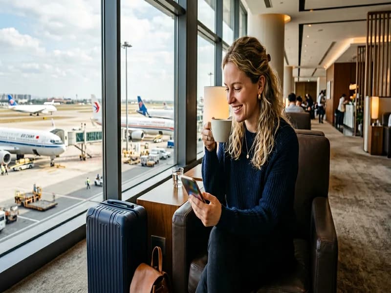 Traveler getting support via phone in airport lounge